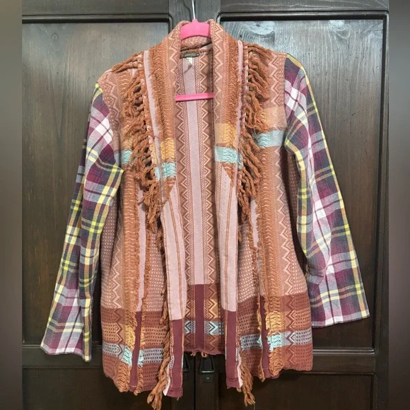 Gimmicks Patchwork Fringe Open Front Sweater Fringe flannel Sleeves Size Large - Picture 3 of 8